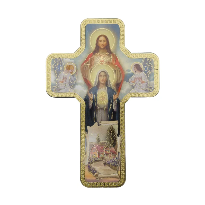 Croix murale chrétienne – Sacrés Cœurs de Jésus et Marie – Protection du foyer – 18 × 12 cm