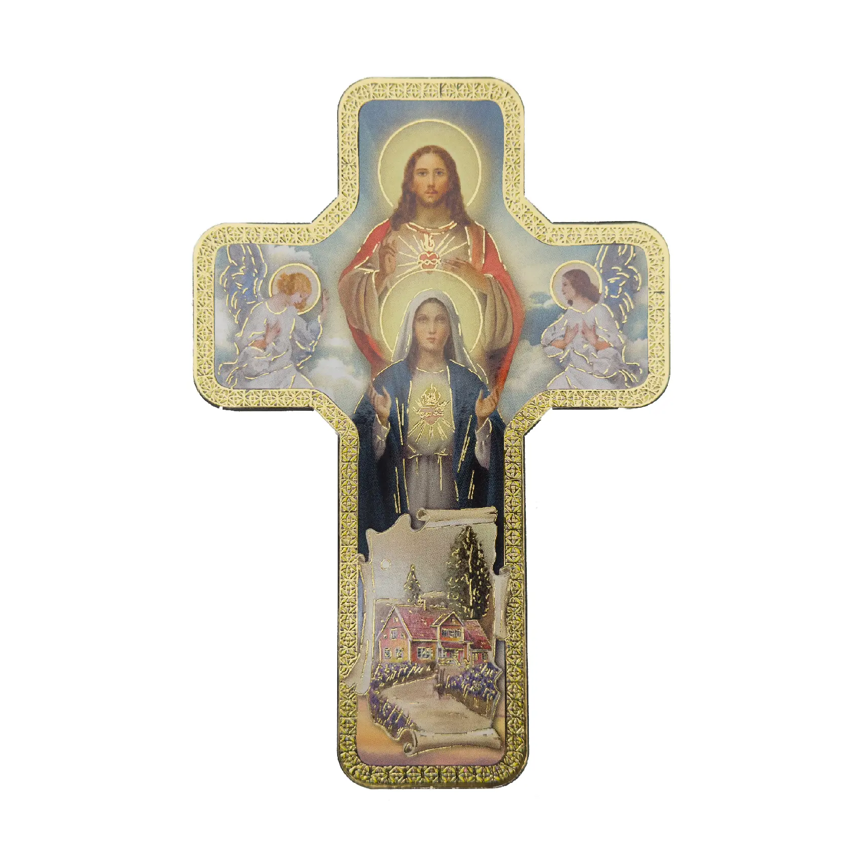 Croix murale chrétienne – Sacrés Cœurs de Jésus et Marie – Protection du foyer – 18 × 12 cm
