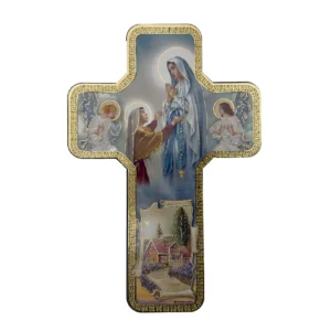 Croix murale chrétienne – Notre-Dame de Lourdes et sainte Bernadette – Protection du foyer – 18 × 12 cm