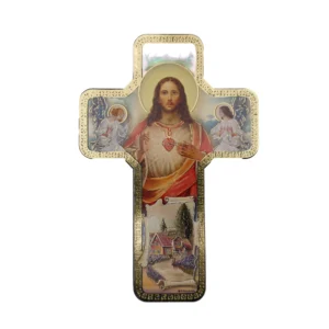 Croix murale chrétienne – Sacré-Cœur de Jésus et anges – 18 × 12 cm