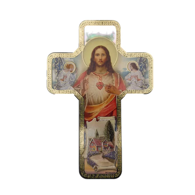 Croix murale chrétienne – Sacré-Cœur de Jésus et anges – 18 × 12 cm