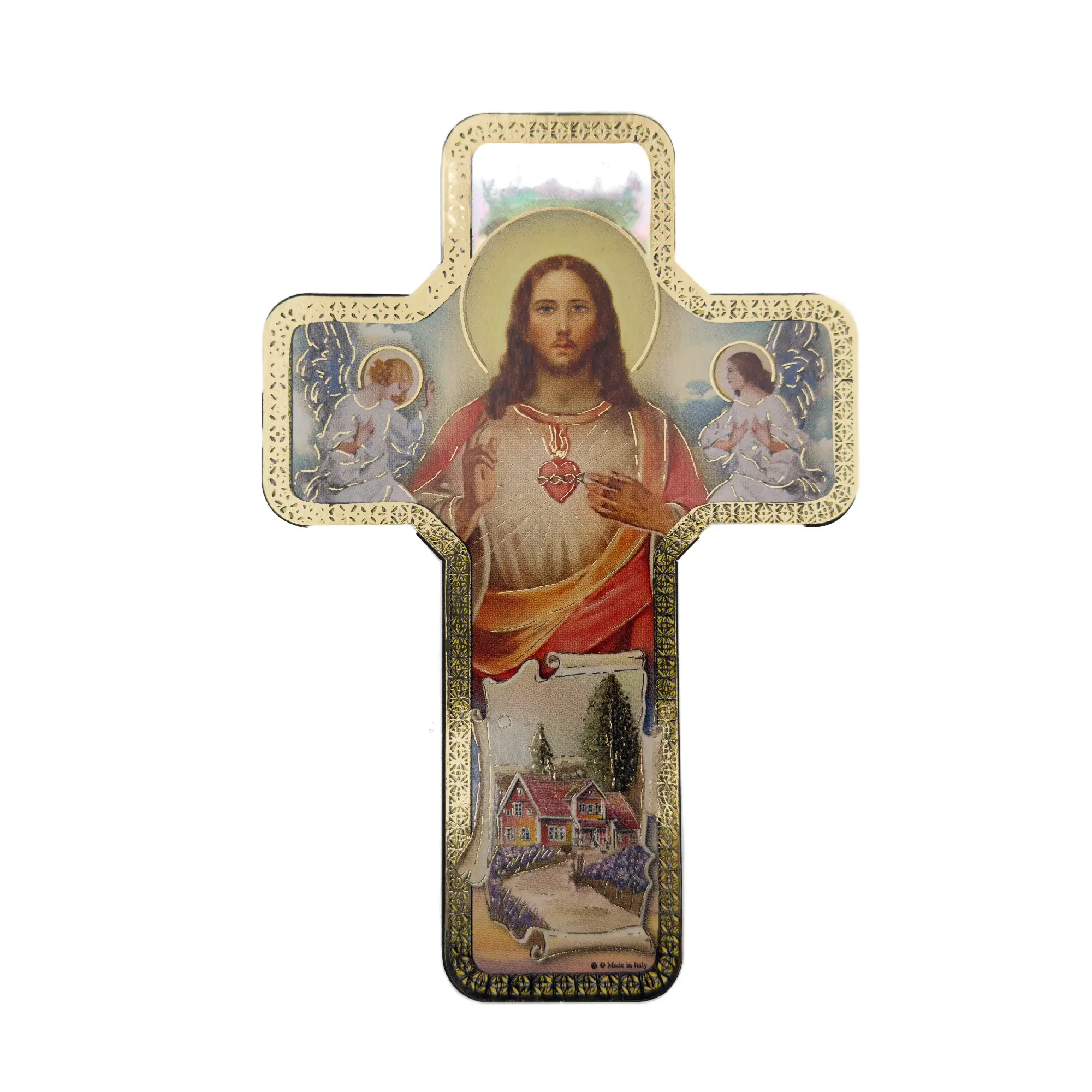 Croix murale chrétienne – Sacré-Cœur de Jésus et anges – 18 × 12 cm