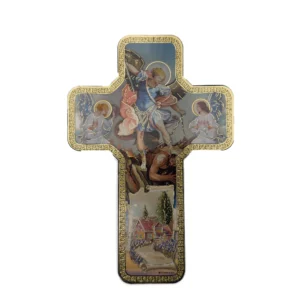 Croix murale chrétienne en bois – Saint Michel Archange, protecteur du foyer – 18 × 12 cm