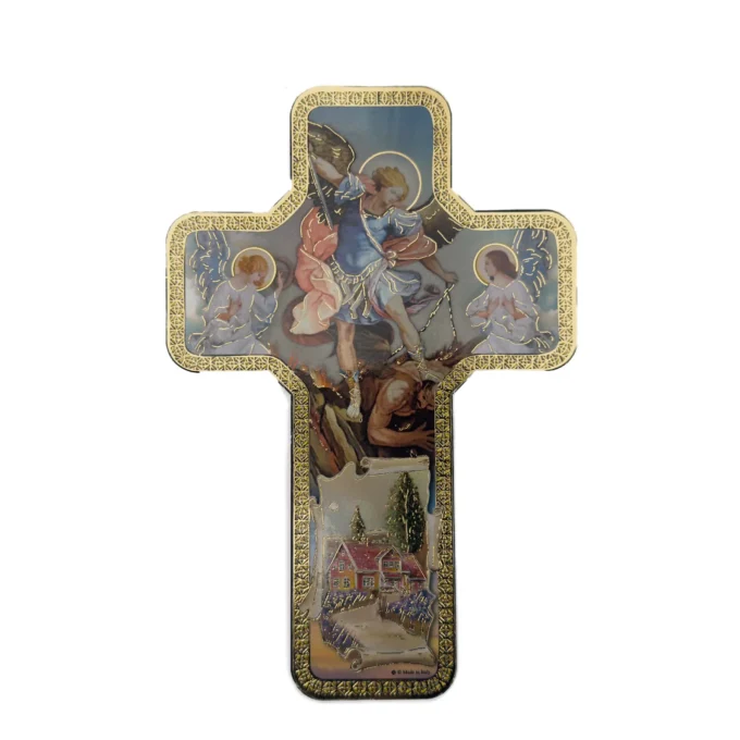 Croix murale chrétienne en bois – Saint Michel Archange, protecteur du foyer – 18 × 12 cm