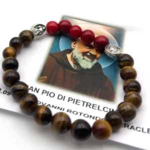 Bracelet Dévotion Saint Padre Pio - Œil de Tigre & Perles Rouges (Stigmates) - Protection & Guérison