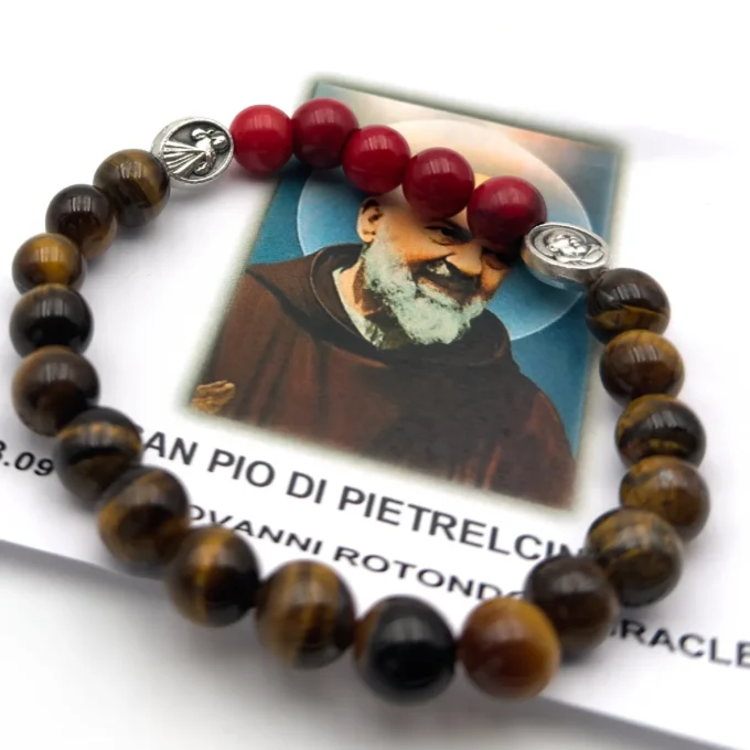 Bracelet Dévotion Saint Padre Pio - Œil de Tigre & Perles Rouges (Stigmates) - Protection & Guérison