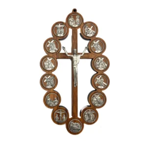 Croix Murale du Chemin de Croix (14 Stations) - Bois et Métal Argenté - 27 cm