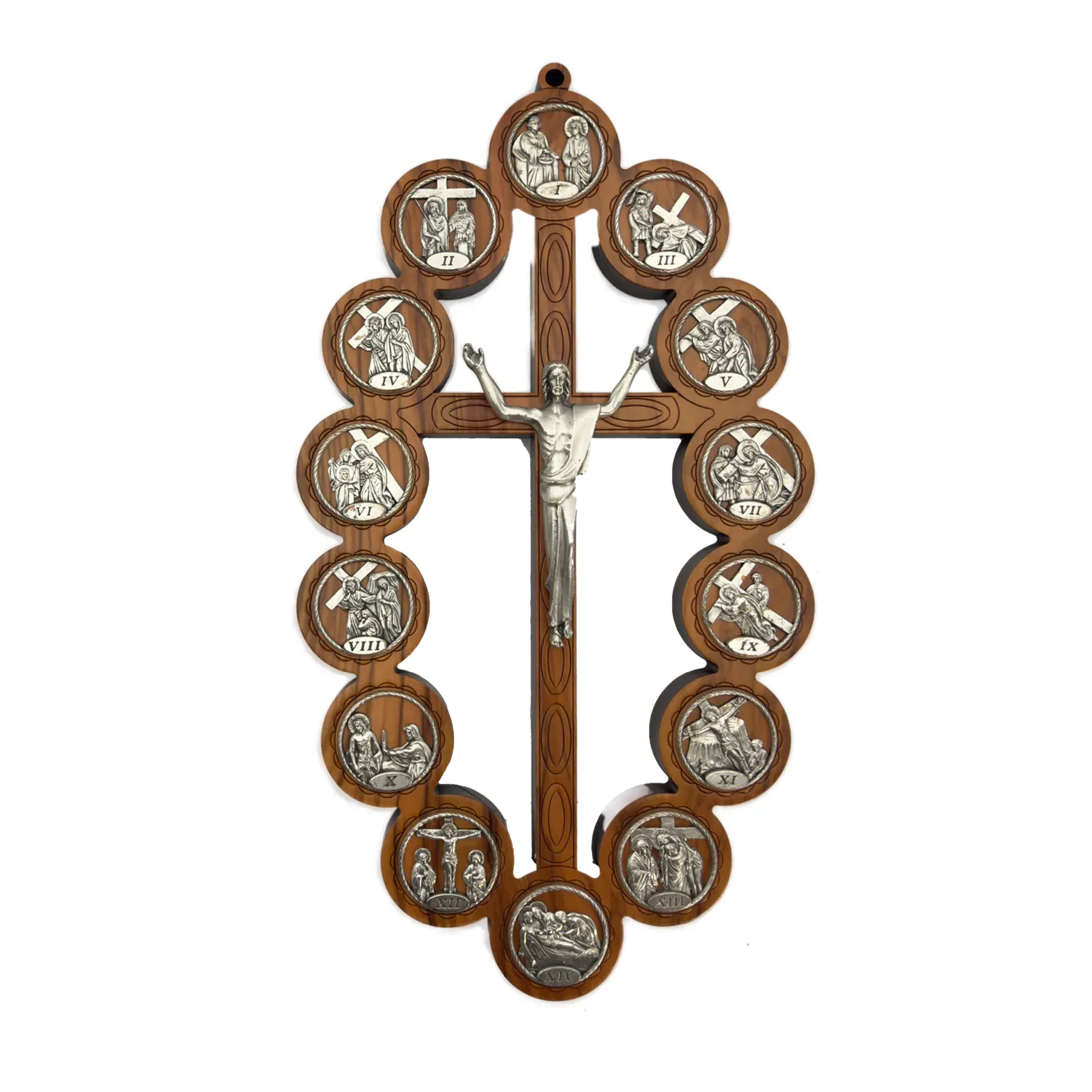 Croix Murale du Chemin de Croix (14 Stations) - Bois et Métal Argenté - 27 cm