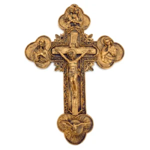 Croix murale chrétienne 35 cm – Crucifix et symboles sacrés – Résine Finition bronze