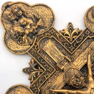 Croix murale chrétienne 35 cm – Crucifix et symboles sacrés – Résine Finition bronze
