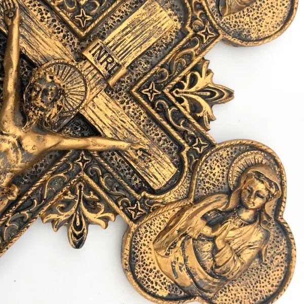 Croix murale chrétienne 35 cm – Crucifix et symboles sacrés – Résine Finition bronze