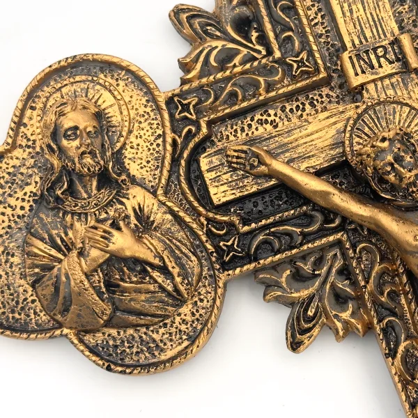Croix murale chrétienne 35 cm – Crucifix et symboles sacrés – Résine Finition bronze