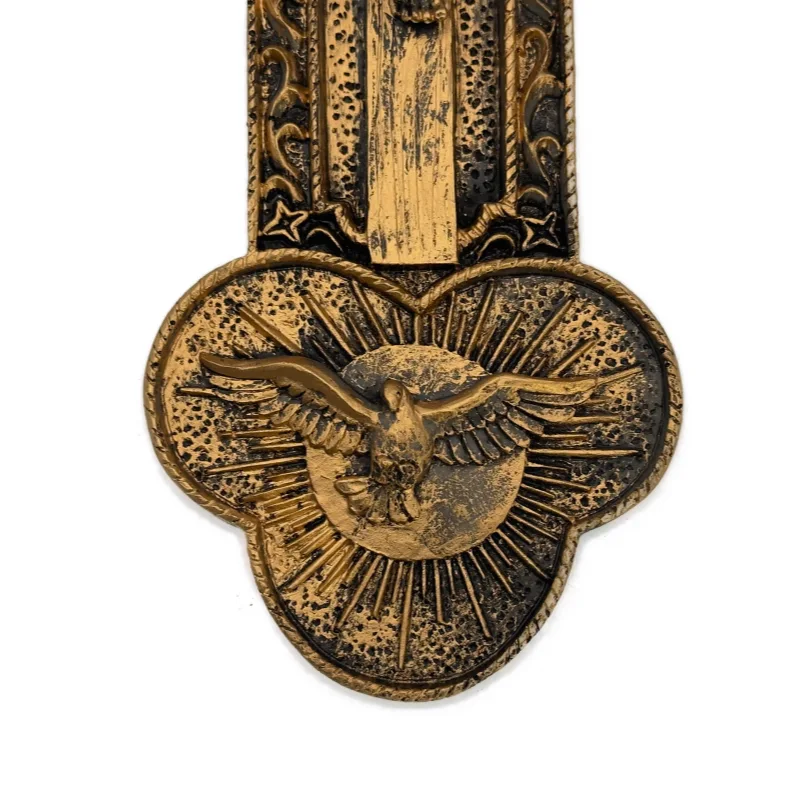 Croix murale chrétienne 35 cm – Crucifix et symboles sacrés – Résine Finition bronze