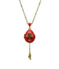 Collier Pendentif "Œuf Impérial" Fraise Émaillée Rouge Vif, Croix Cristaux et Secret d'Ange