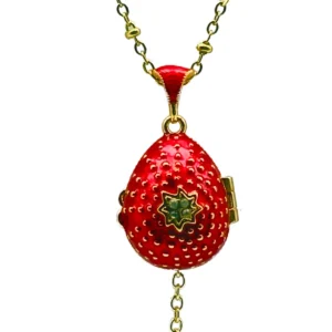 Collier Pendentif "Œuf Impérial" Fraise Émaillée Rouge Vif, Croix Cristaux et Secret d'Ange