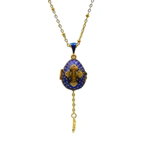 Collier Pendentif "Œuf Impérial" émaillé bleu roi et croix cristaux