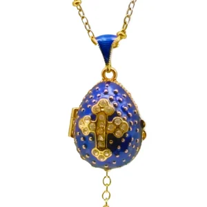 Collier Pendentif "Œuf Impérial" émaillé bleu roi et croix cristaux