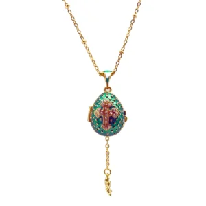 Collier Pendentif "Œuf de Fabergé" Vert & Ange Secret