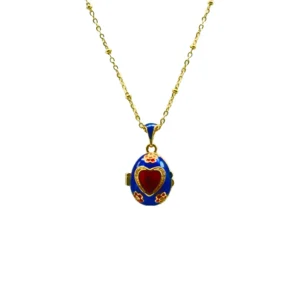 Pendentif Œuf émaillé bleu et Cœur Rouge et Ange gardien
