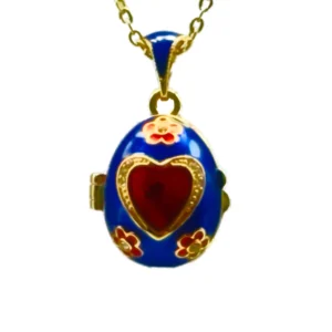 Pendentif Œuf émaillé bleu et Cœur Rouge et Ange gardien