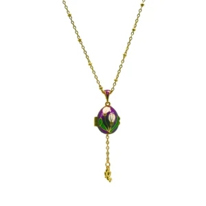 Collier Pendentif "Œuf Impérial" émaillé violet, fleur mystique et ange gardiens