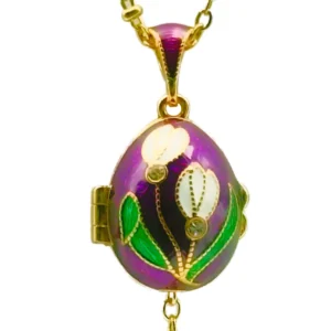 Collier Pendentif "Œuf Impérial" émaillé violet, fleur mystique et ange gardiens