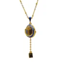 COLLIER PENDENTIF ŒUF STYLE FABERGÉ "BLEU ROI & PAROLE VIVANTE" - ÉMAIL BLEU ROI CROIX RAYONNANTE ET MINUSCULE BIBLE CACHÉE