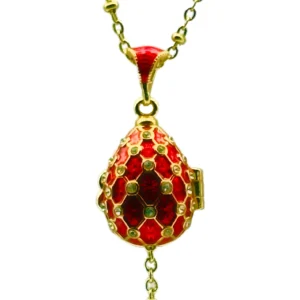 Collier Pendentif "Œuf Impérial" Émaillé Rubis, Grille Treillis Dorée et Fleurs Cristaux - Secret de l'Ange Gardien