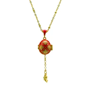 Collier pendentif "Œuf Impérial" émail Rouge - Mosaïque d'Or et Secret d'Ange