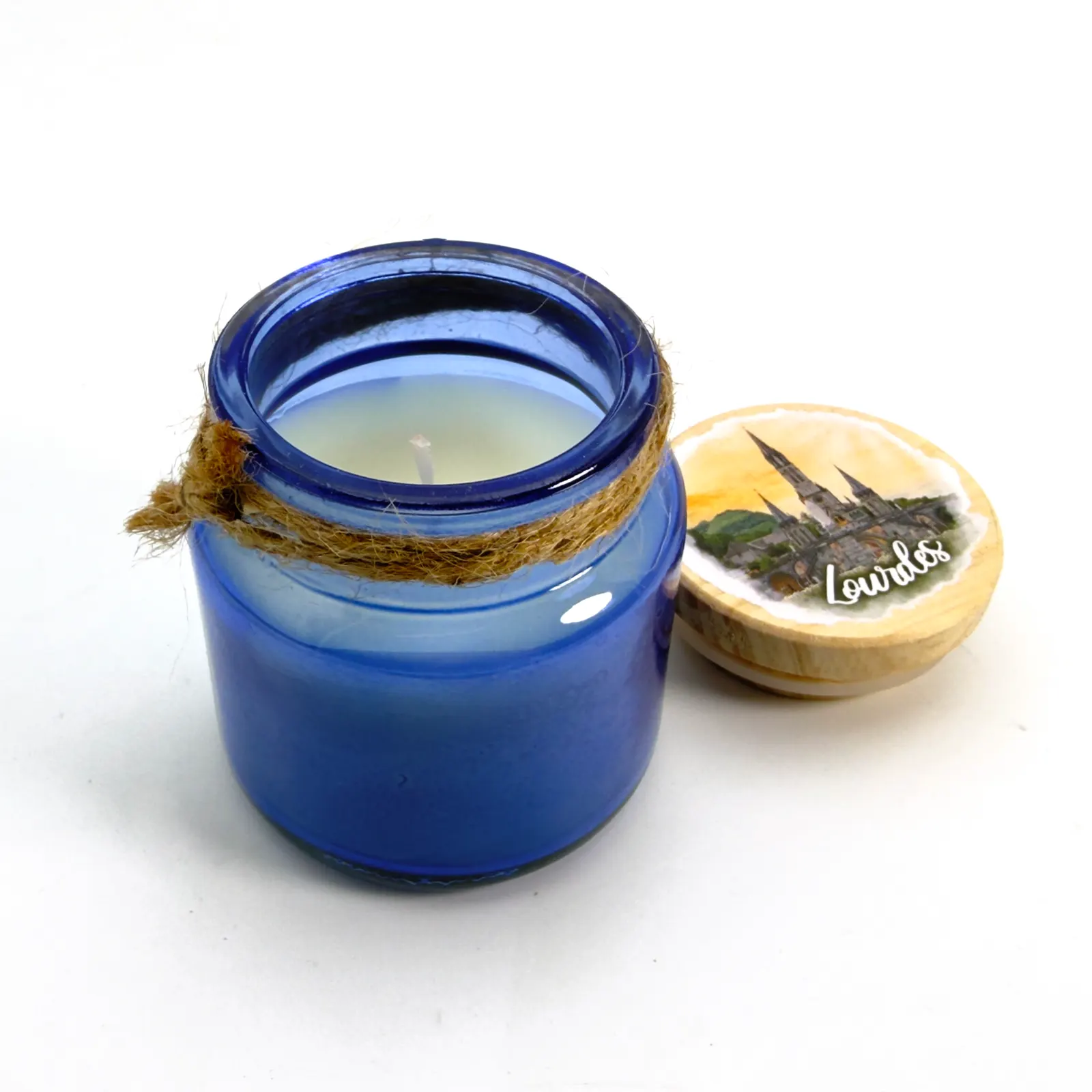 Bougie parfumée Rose – Lourdes – pot en verre bleu avec couvercle bois