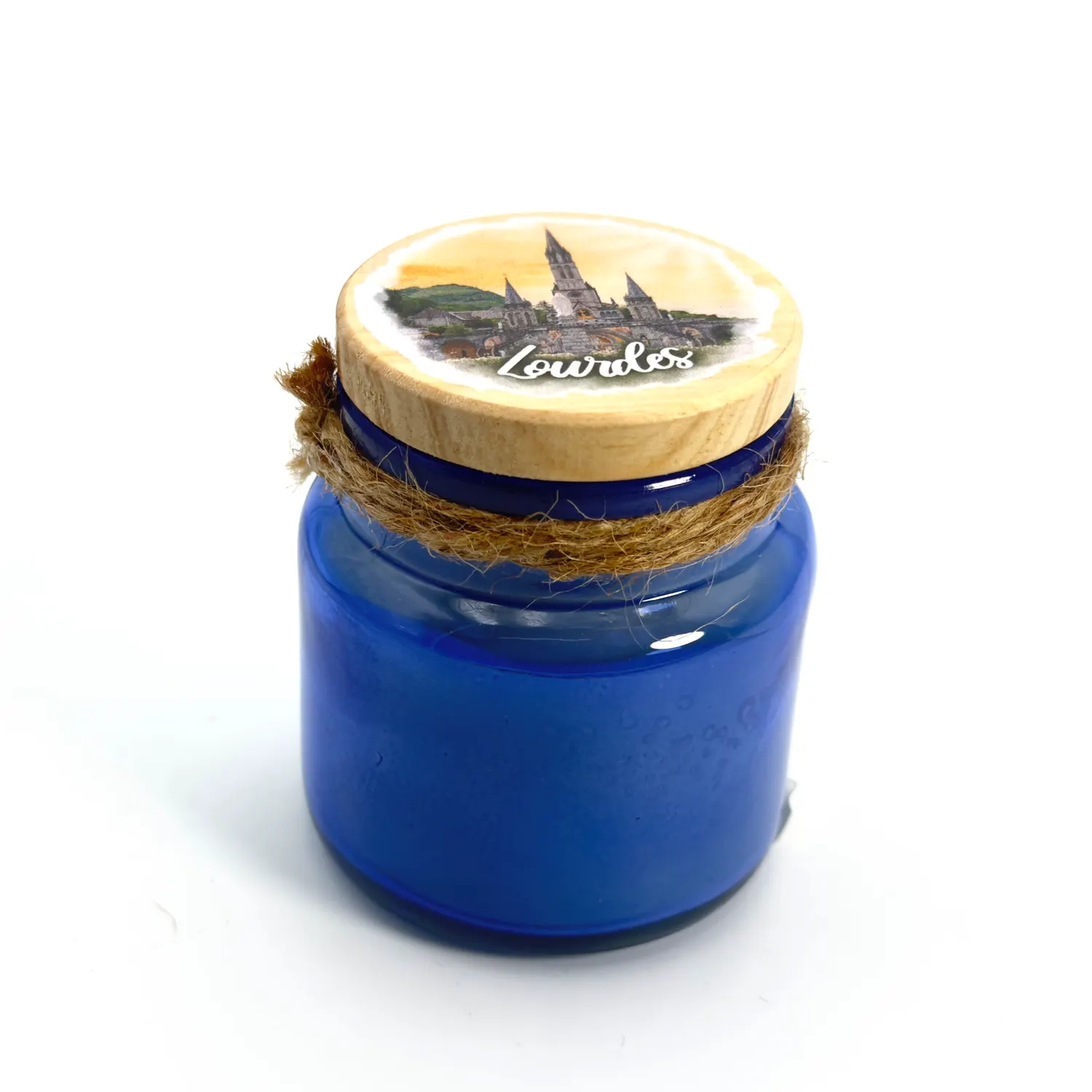 Bougie parfumée Rose – Lourdes – pot en verre bleu avec couvercle bois