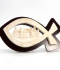 Poisson Ichthus décoratif 25 cm avec bas-relief La Cène - Bois et résine aspect pierre