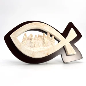Poisson Ichthus décoratif 25 cm avec bas-relief La Cène - Bois et résine aspect pierre