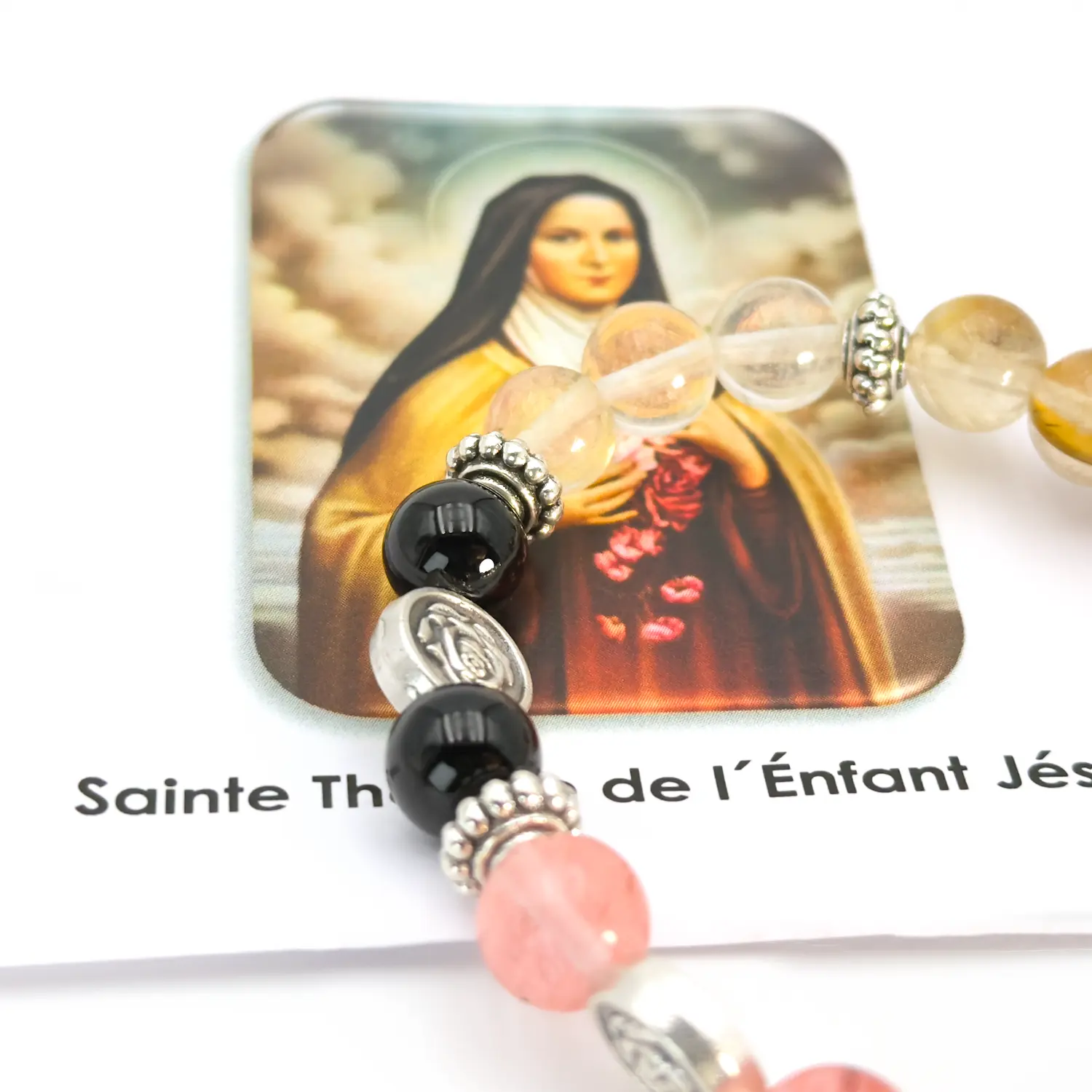 Bracelet chapelet Sainte Thérèse – Perles en quartz multicolore – Médaille religieuse