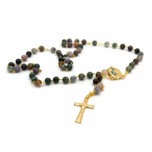 Chapelet en agate indienne avec eau de Lourdes – Chapelet en pierre naturelle