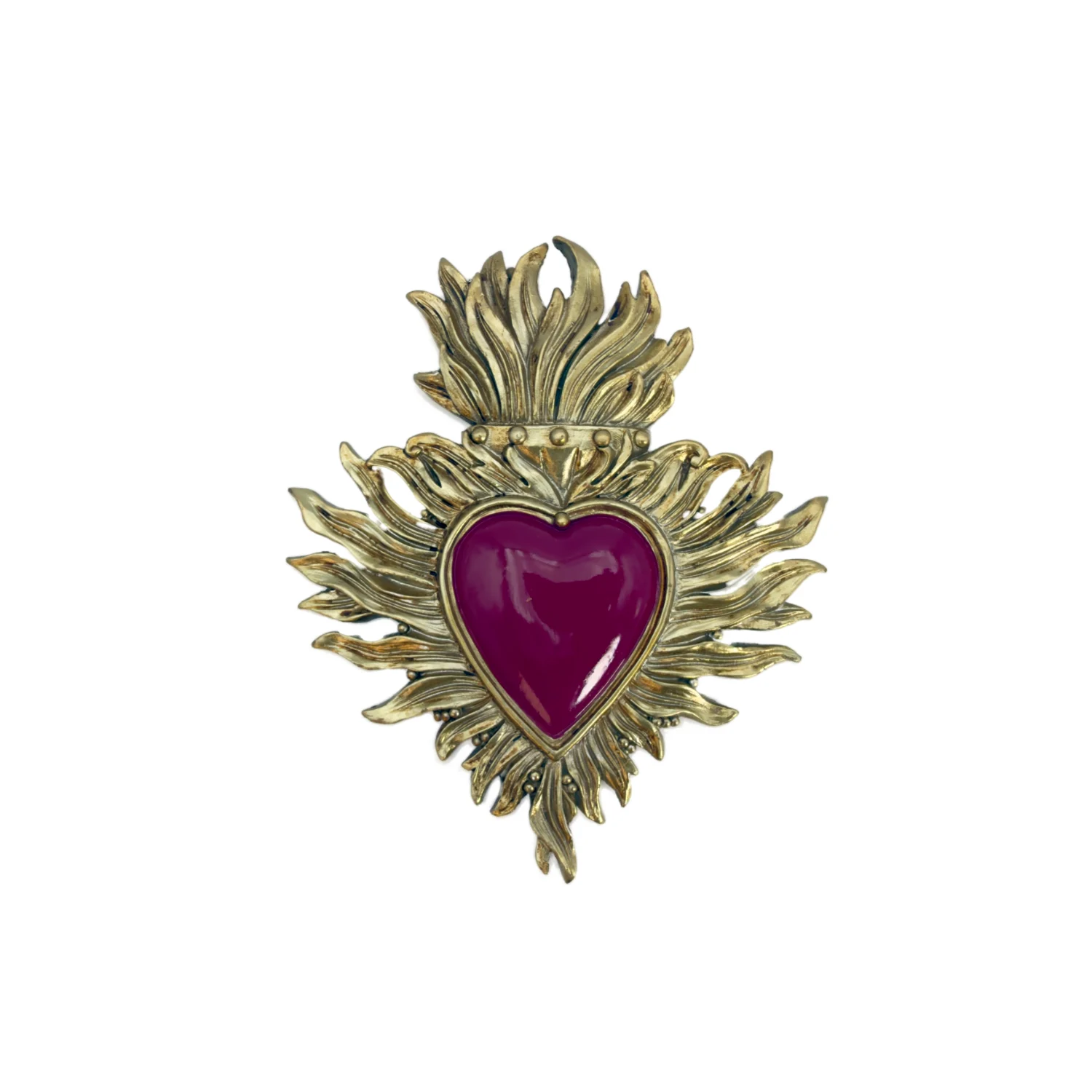 Petit Ex-Voto Mural "Cœur et Flammes Ardentes" - Décoration Spirituelle Vintage (12 cm) - Fuchsia