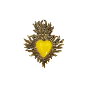 Petit Ex-Voto Mural "Cœur et Flammes Ardentes" - Décoration Spirituelle Vintage (12 cm) - Jaune