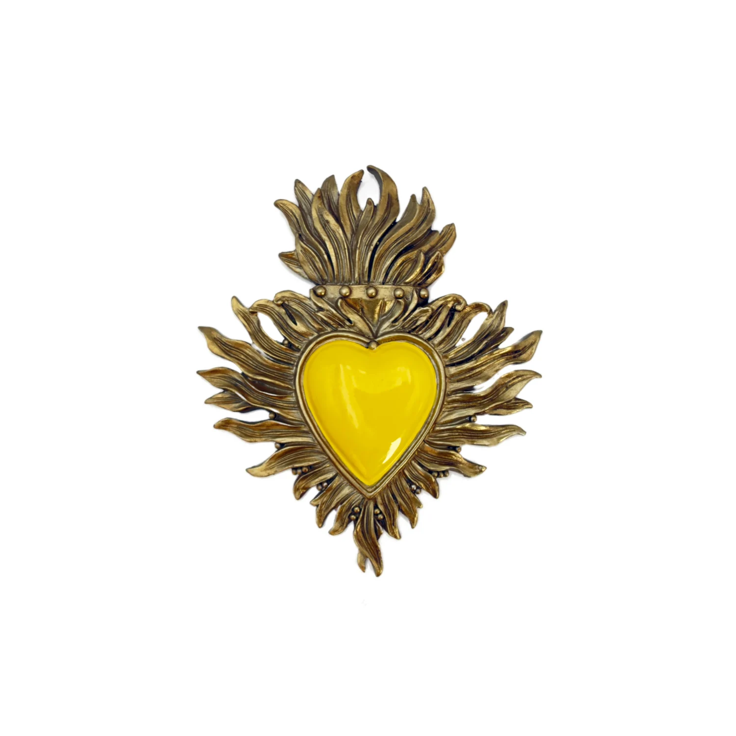 Petit Ex-Voto Mural "Cœur et Flammes Ardentes" - Décoration Spirituelle Vintage (12 cm) - Jaune