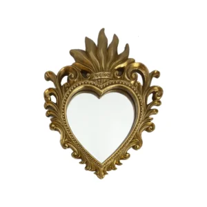 Petit Miroir Ex-Voto Mural "Cœur de Flammes" Doré Antique - Décoration Baroque et Spirituelle (15,5 cm)