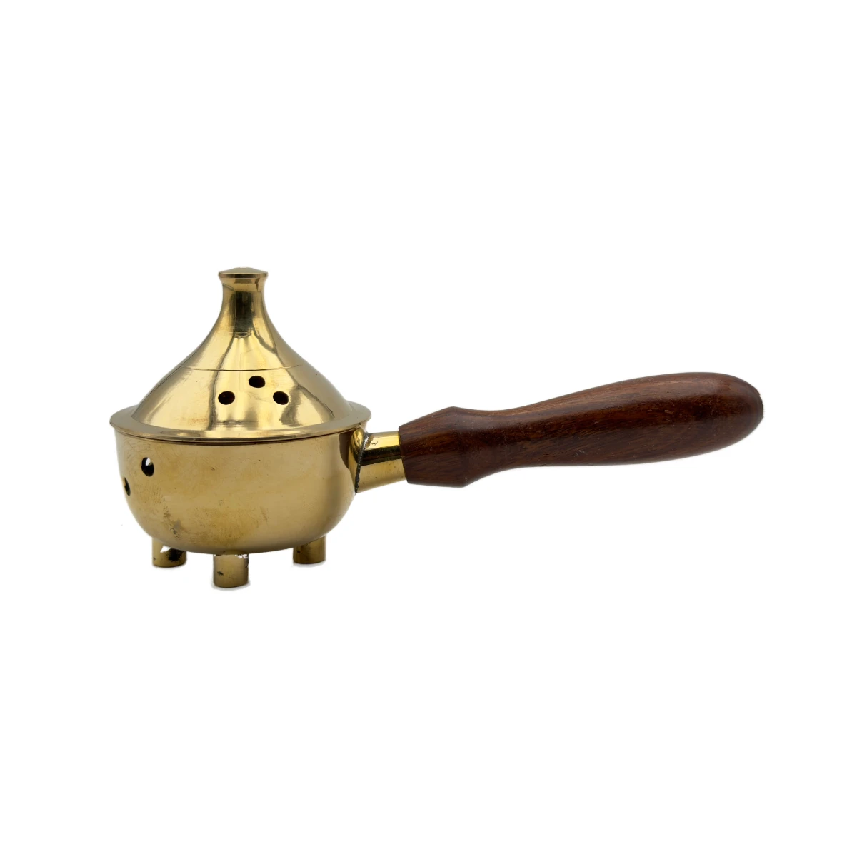 Encensoir Brûle-Encens à Manche en Laiton Poli et Bois - Rituel de Purification Mobile (19 cm)