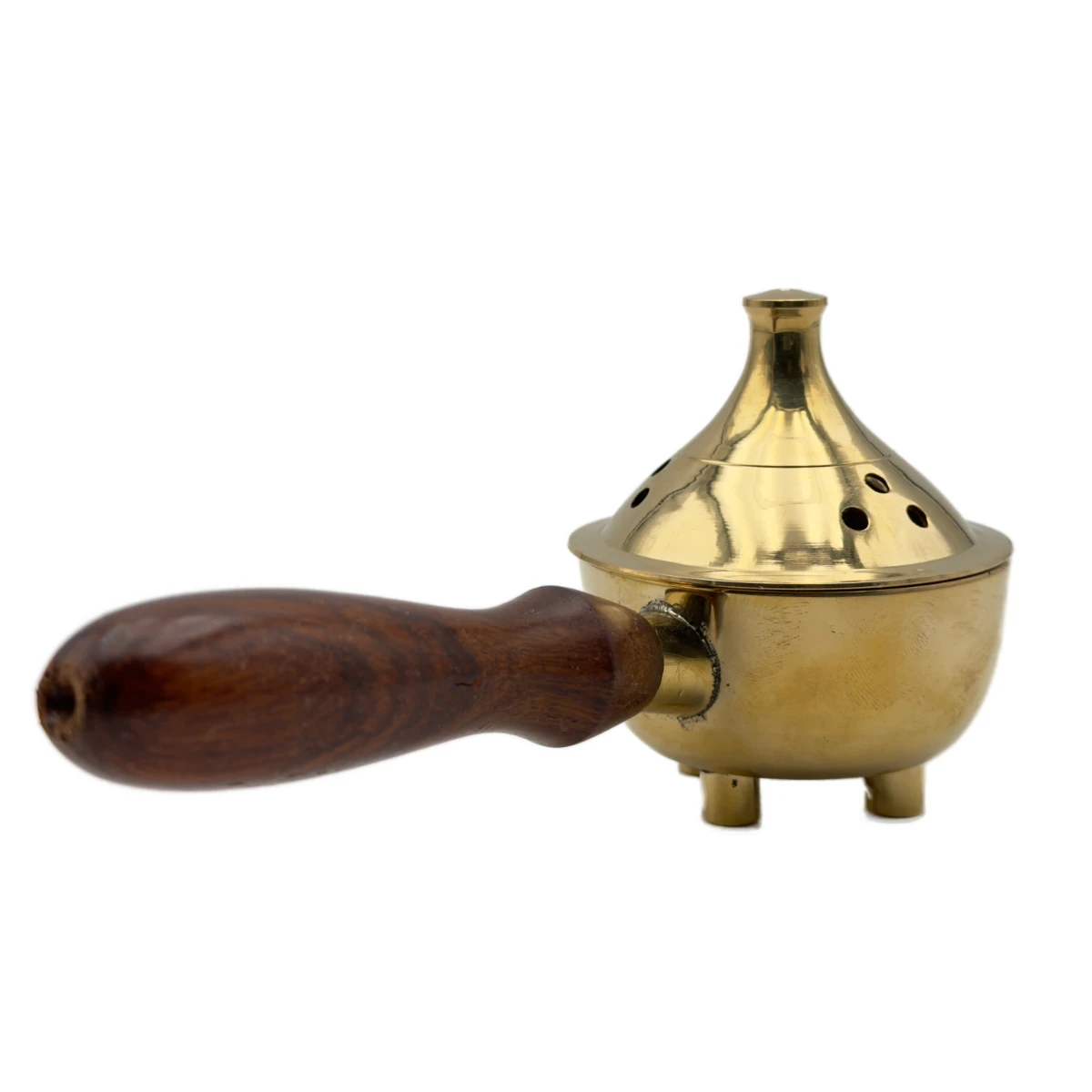 Encensoir Brûle-Encens à Manche en Laiton Poli et Bois - Rituel de Purification Mobile (19 cm)