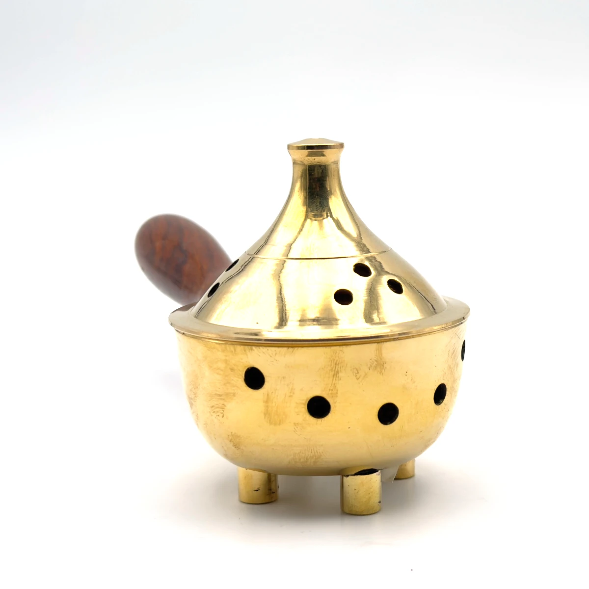 Encensoir Brûle-Encens à Manche en Laiton Poli et Bois - Rituel de Purification Mobile (19 cm)