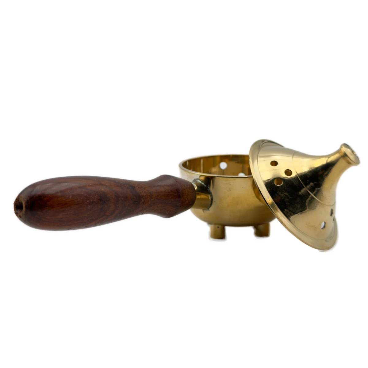 Encensoir Brûle-Encens à Manche en Laiton Poli et Bois - Rituel de Purification Mobile (19 cm)