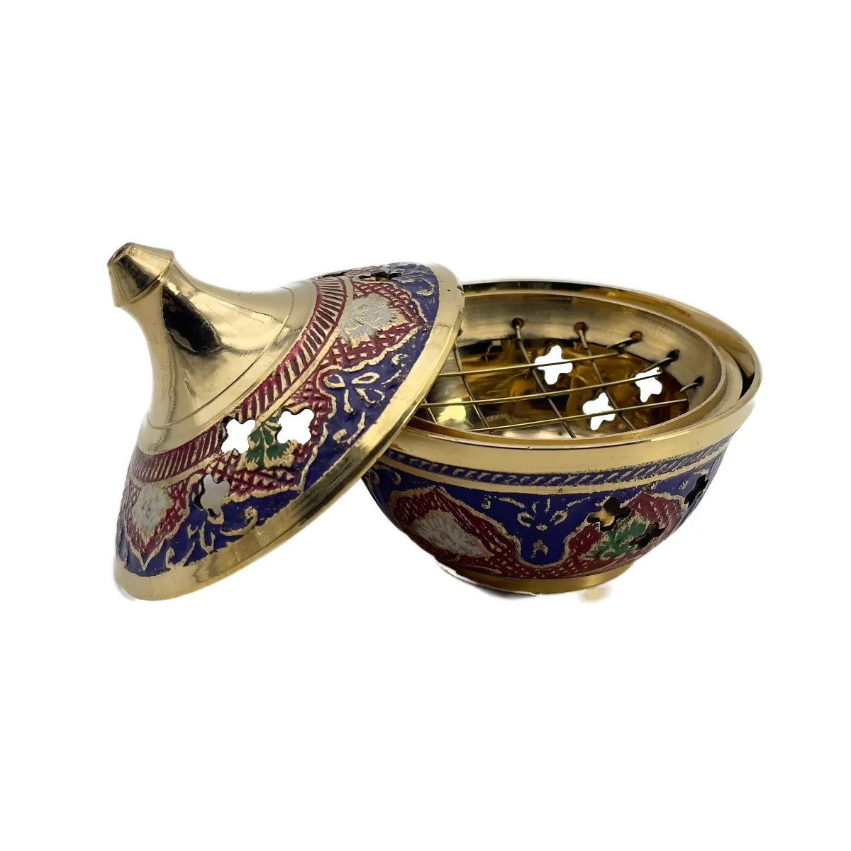 Petit Encensoir Brûle-Encens en Laiton Doré et Émail Multicolore - Avec Grille pour Charbon (6,5 cm)