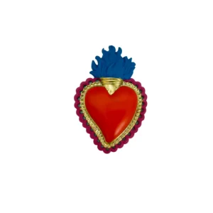 Petit Ex-Voto Mural "Cœur Dentelle" Rouge, Fuchsia et Flamme Bleue - 11,6 cm