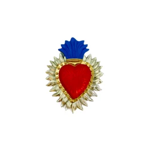 Petit Ex-Voto Mural Cœur Flamboyant Rouge, Bleu et Argent - 11,6 cm