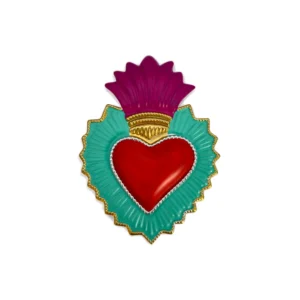 Ex-Voto Mural "Cœur Ardent" Coloré - Décoration Bohème Turquoise, Rouge et Fuchsia (13,5 cm)