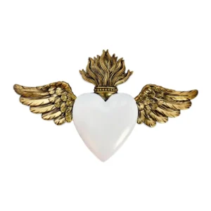 Ex-Voto Mural Cœur Ailé Blanc et Flamme Dorée - Symbole de Pureté et Protection (16 x 10 cm)
