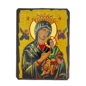 Icône Vierge de la Passion Couronnée sur Bois - Notre-Dame du Perpétuel Secours, Artisanat avec Sceau (2 tailles)