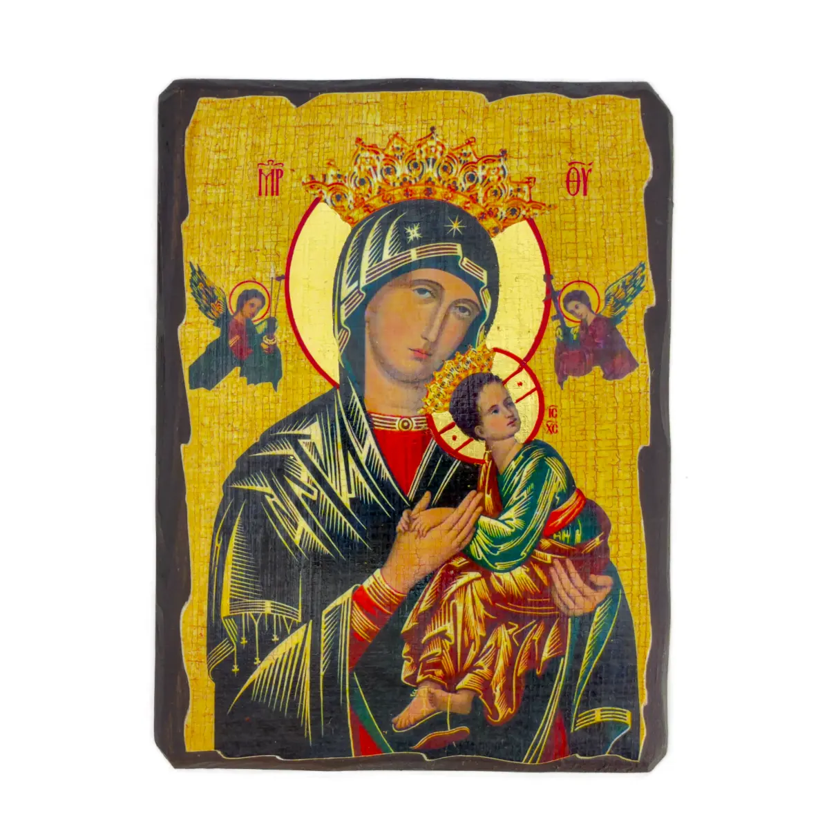 Icône Vierge de la Passion Couronnée sur Bois - Notre-Dame du Perpétuel Secours, Artisanat avec Sceau (2 tailles)
